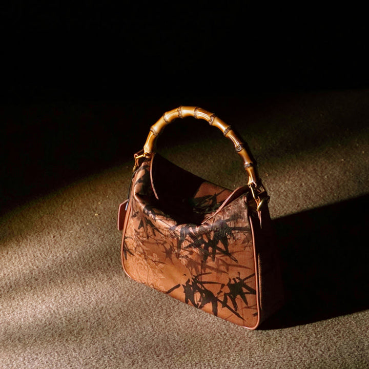 Buddha Stones Lush Bamboo Handle Xiangyunsha Silk Crossbody Bag Hangbags - Goldenrod Bamboo 25*20*7cm - image 10