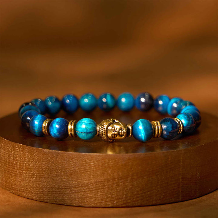 Buddha Stones Blue Green Red Tiger Eye Buddha Head Balance Bracelet - Lake Bule Tiger Eye Gold(Wrist Circumference: 15-17cm) - image 0