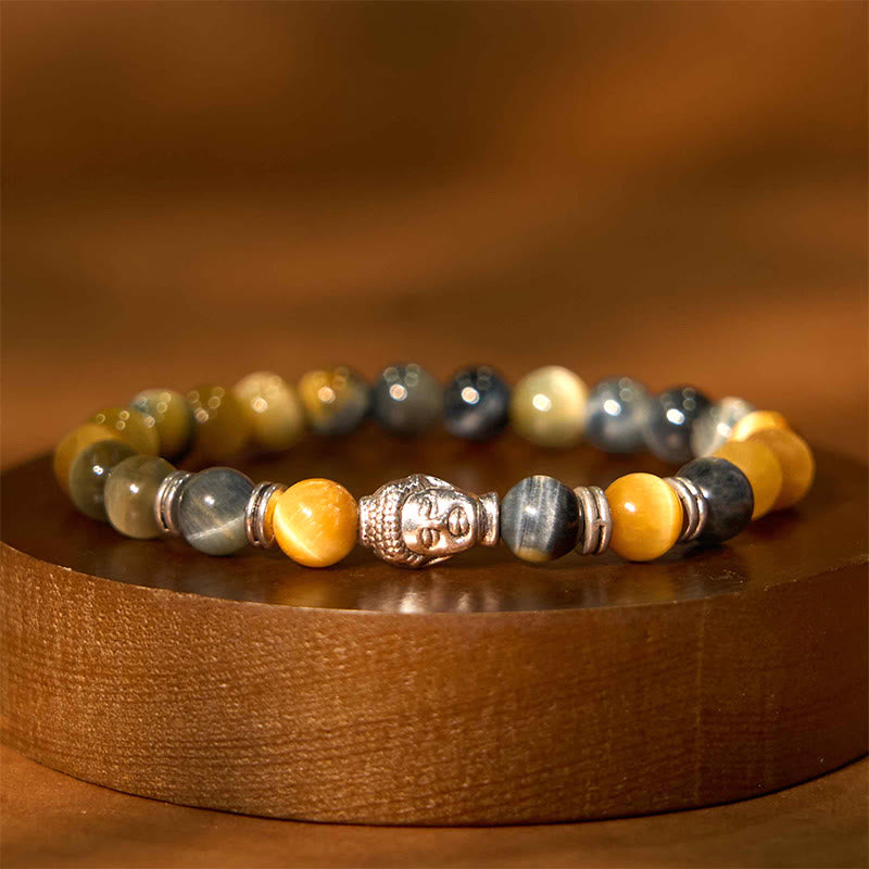 Buddha Stones Blue Green Red Tiger Eye Buddha Head Balance Bracelet - Beige Tiger Eye(Wrist Circumference: 15-17cm) - image 21