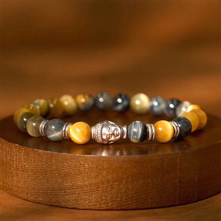 Buddha Stones Blue Green Red Tiger Eye Buddha Head Balance Bracelet - Beige Tiger Eye(Wrist Circumference: 15-17cm) - image 21