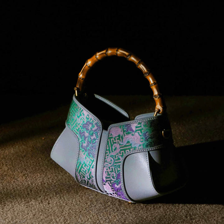 Buddha Stones Retro Peony Branches Bamboo Handle Song Brocade Xiangyunsha Silk Crossbody Bag Hangbags - LightSteelBlue Peony-Song Brocade 24*13*9.5cm - image 0