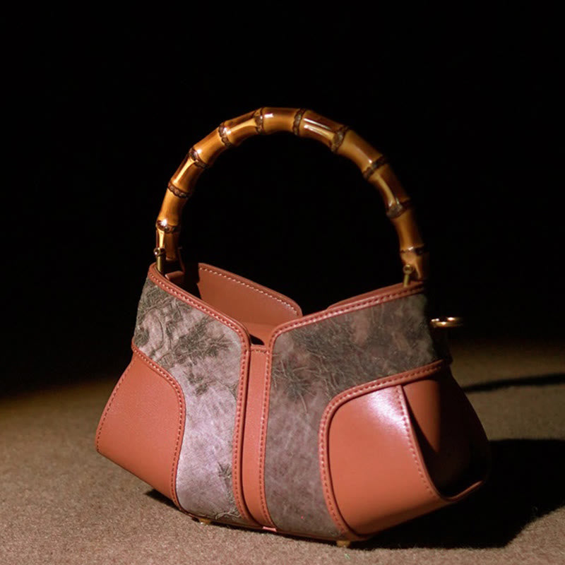 Buddha Stones Retro Peony Branches Bamboo Handle Song Brocade Xiangyunsha Silk Crossbody Bag Hangbags - Coral Branches-Xiangyunsha Silk 24*13*9.5cm - image 13