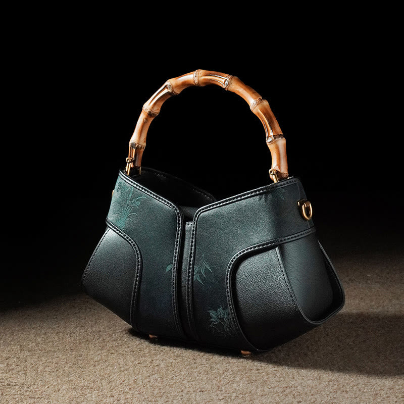 Buddha Stones Retro Peony Branches Bamboo Handle Song Brocade Xiangyunsha Silk Crossbody Bag Hangbags - Black Flower-Xiangyunsha Silk 24*13*9.5cm - image 12