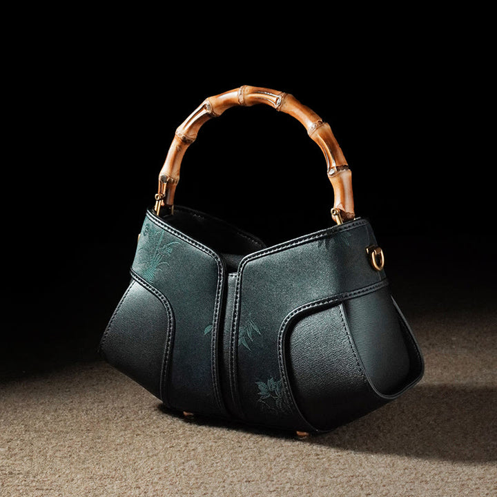 Buddha Stones Retro Peony Branches Bamboo Handle Song Brocade Xiangyunsha Silk Crossbody Bag Hangbags - Black Flower-Xiangyunsha Silk 24*13*9.5cm - image 12