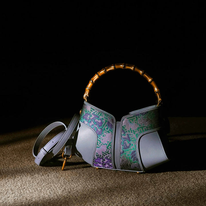 Buddha Stones Retro Peony Branches Bamboo Handle Song Brocade Xiangyunsha Silk Crossbody Bag Hangbags - image 5