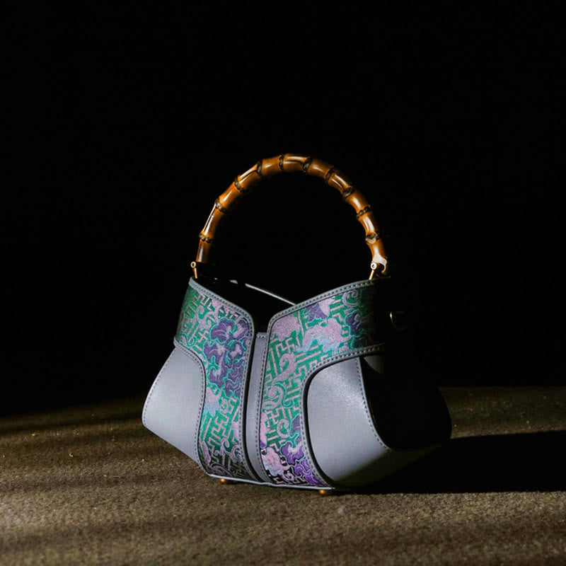 Buddha Stones Retro Peony Branches Bamboo Handle Song Brocade Xiangyunsha Silk Crossbody Bag Hangbags - image 3