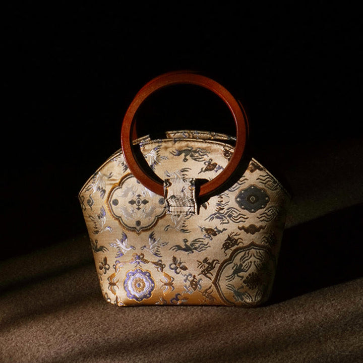 Buddha Stones Crane Deer Seawater Wave Wood Handle Metal Chain Change Purse Crossbody Bag Hangbags - Khaki Crane Deer 19*18*11cm - image 0