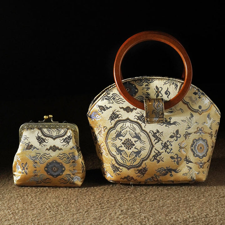 Buddha Stones Crane Deer Seawater Wave Wood Handle Metal Chain Change Purse Crossbody Bag Hangbags - Khaki Crane Deer Change Purse Hangbags 19*18*11cm - image 11