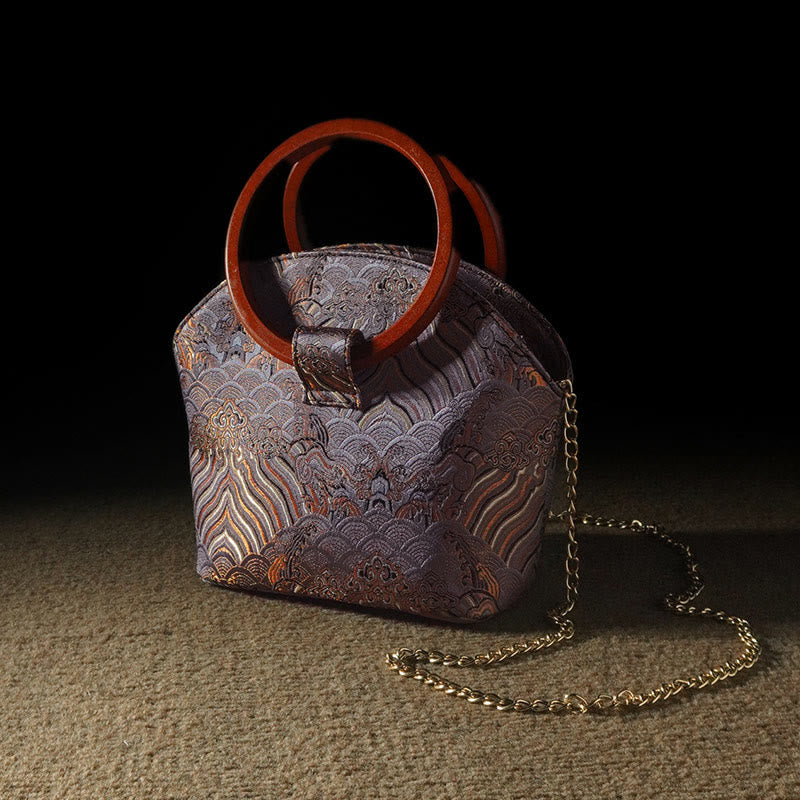 Buddha Stones Crane Deer Seawater Wave Wood Handle Metal Chain Change Purse Crossbody Bag Hangbags - DarkMagenta Seawater Wave Metal Chain 19*18*11cm - image 10