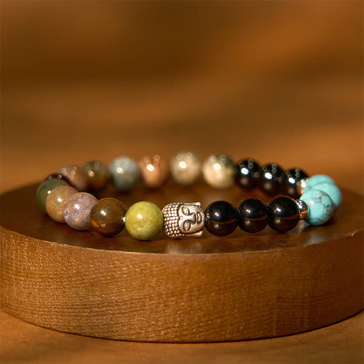 Buddha Stones Natural Black Onyx White Stone Green Aventurine Tiger Eye Agate Mixed Color Buddha Head Protection Bracelet - Indian Agate(Wrist Circumference: 15-17cm) - image 21