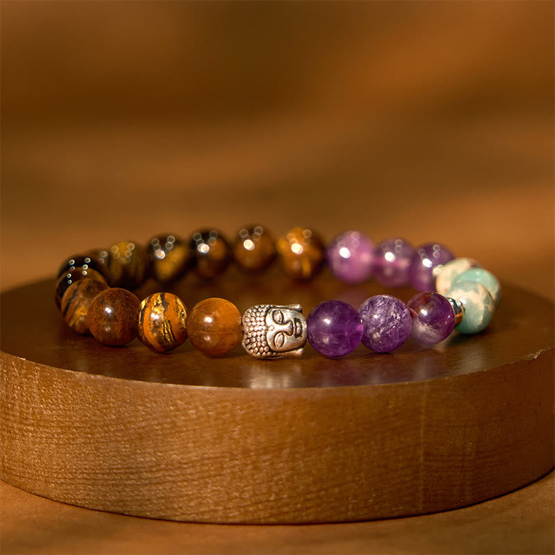 Buddha Stones Natural Black Onyx White Stone Green Aventurine Tiger Eye Agate Mixed Color Buddha Head Protection Bracelet - Tiger Eye(Wrist Circumference: 15-17cm) - image 16