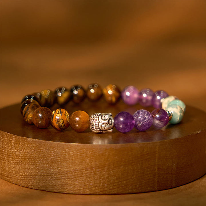 Buddha Stones Natural Black Onyx White Stone Green Aventurine Tiger Eye Agate Mixed Color Buddha Head Protection Bracelet - Tiger Eye(Wrist Circumference: 15-17cm) - image 16