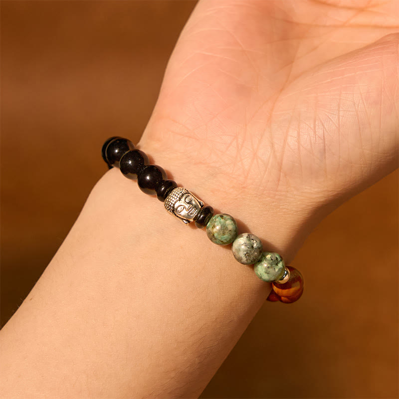 Buddha Stones Natural Black Onyx White Stone Green Aventurine Tiger Eye Agate Mixed Color Buddha Head Protection Bracelet - image 7