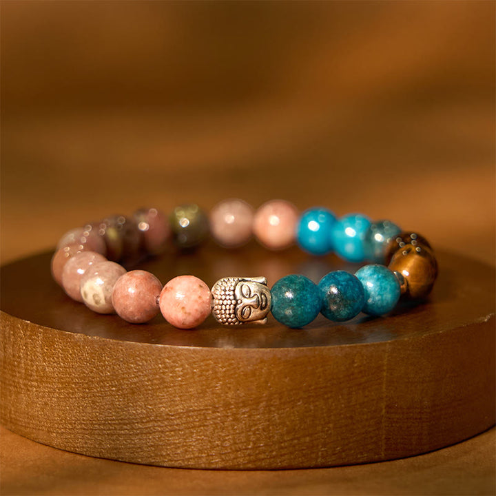 Buddha Stones Natural Black Onyx White Stone Green Aventurine Tiger Eye Agate Mixed Color Buddha Head Protection Bracelet - Cotton Stone(Wrist Circumference: 15-17cm) - image 26