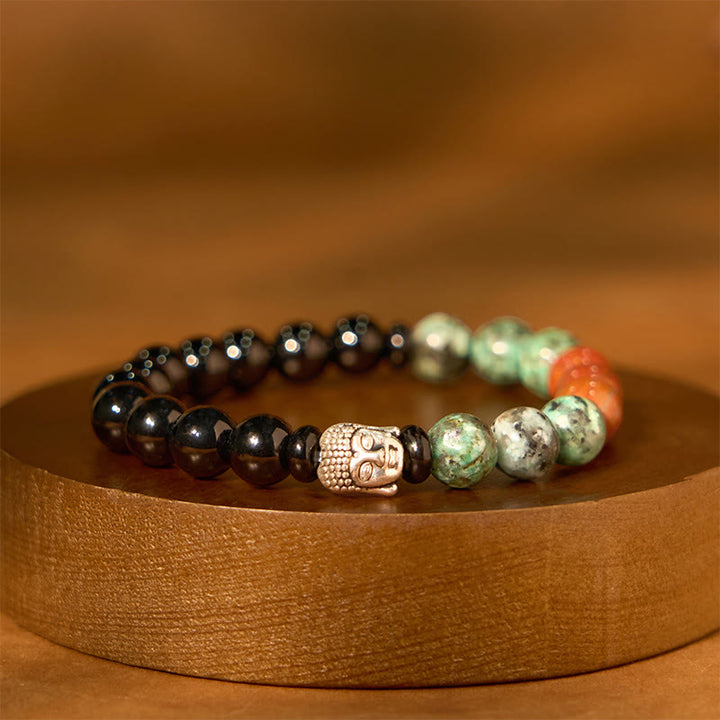 Buddha Stones Natural Black Onyx White Stone Green Aventurine Tiger Eye Agate Mixed Color Buddha Head Protection Bracelet - Black Onyx(Wrist Circumference: 15-17cm) - image 5