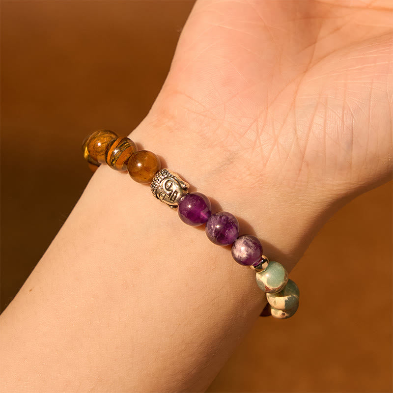 Buddha Stones Natural Black Onyx White Stone Green Aventurine Tiger Eye Agate Mixed Color Buddha Head Protection Bracelet - image 5