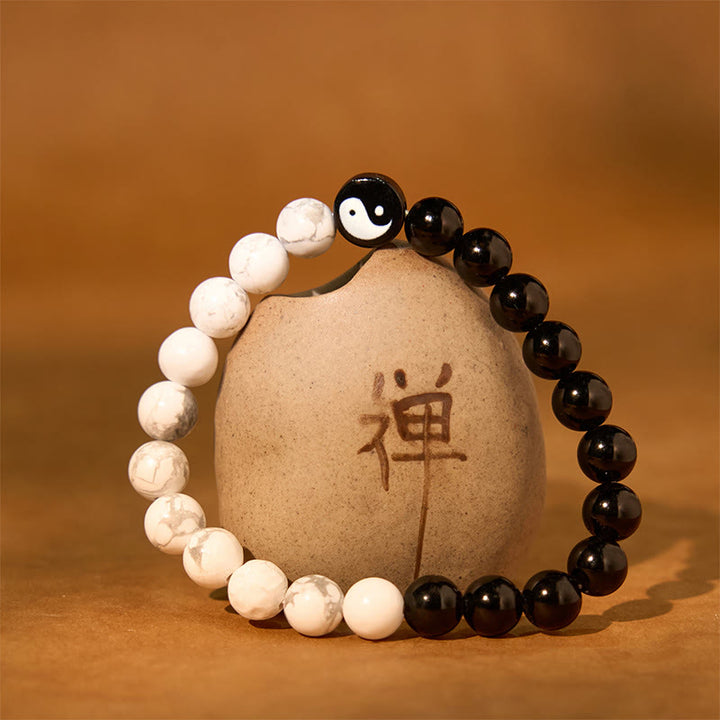 Buddha Stones Natural Obsidian White Turquoise Yinyang Tai Chi Strength Bracelet - image 1