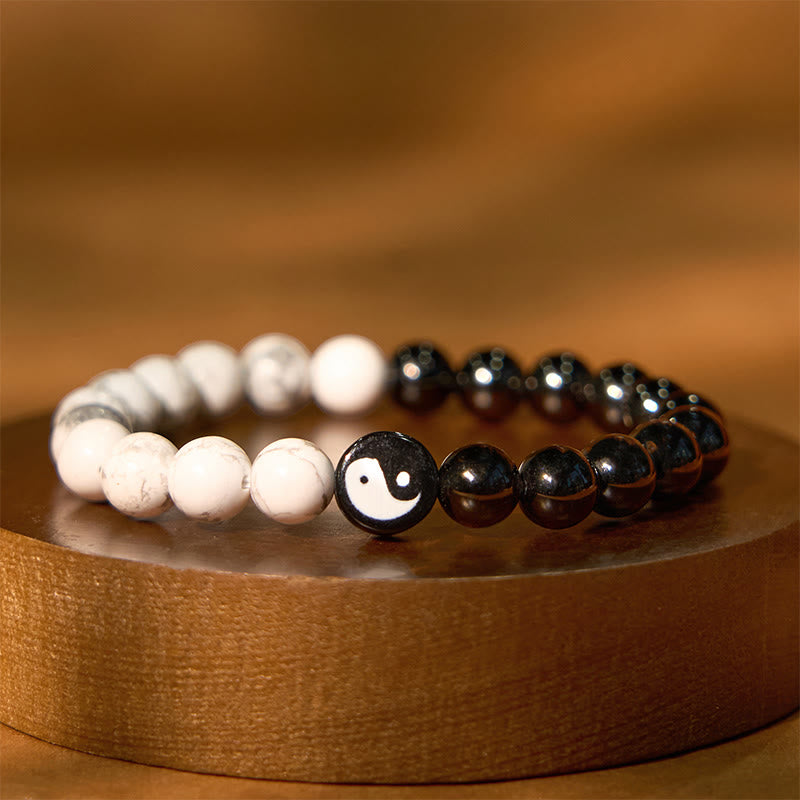 Buddha Stones Natural Obsidian White Turquoise Yinyang Tai Chi Strength Bracelet - Obsidian White Turquoise(Wrist Circumference: 15-18cm) - image 0