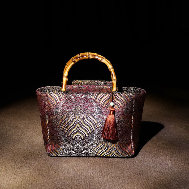 Buddha Stones Mountain Seawater Wave Pattern Bamboo Handle Bead Tassel Hangbags - DarkMagenta Mountain Seawater Wave 23*20*10cm - image 0