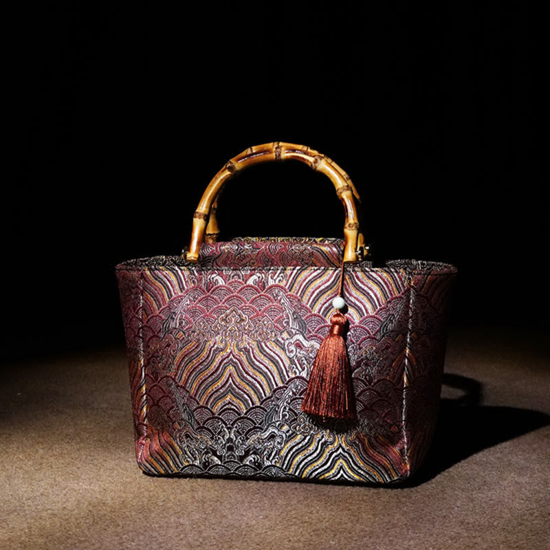 Buddha Stones Mountain Seawater Wave Pattern Bamboo Handle Bead Tassel Hangbags - image 1