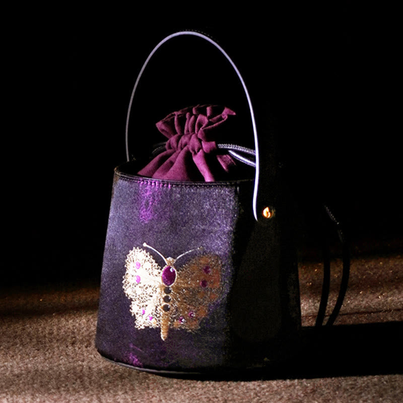 Buddha Stones Butterfly Song Brocade Crossbody Bag Shoudler Bag - Purple Butterfly 21.5*15*13.5cm - image 0