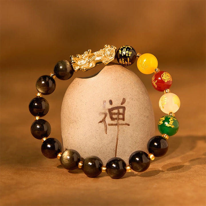 Buddha Stones Natural Gold Sheen Obsidian PiXiu Five Directions Gods of Wealth Protection Bracelet - image 5
