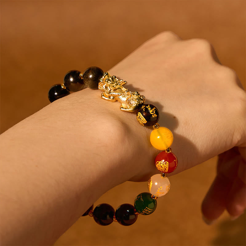Buddha Stones Natural Gold Sheen Obsidian PiXiu Five Directions Gods of Wealth Protection Bracelet - image 7