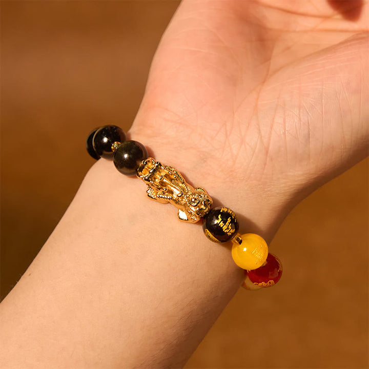 Buddha Stones Natural Gold Sheen Obsidian PiXiu Five Directions Gods of Wealth Protection Bracelet - image 6