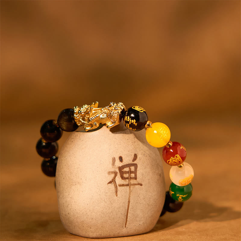 Buddha Stones Natural Gold Sheen Obsidian PiXiu Five Directions Gods of Wealth Protection Bracelet - image 9