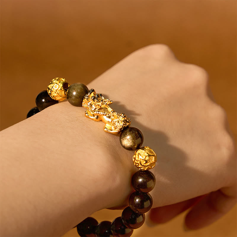 Buddha Stones Natural Gold Sheen Obsidian PiXiu Om Mani Padme Hum Wealth Bracelet - image 5