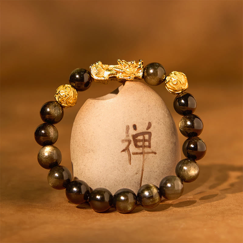 Buddha Stones Natural Gold Sheen Obsidian PiXiu Om Mani Padme Hum Wealth Bracelet - image 1