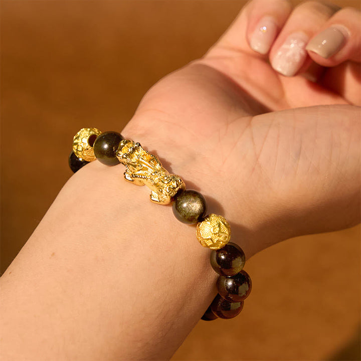 Buddha Stones Natural Gold Sheen Obsidian PiXiu Om Mani Padme Hum Wealth Bracelet - image 6