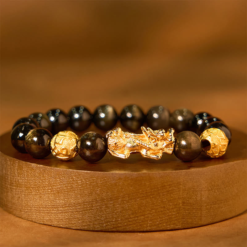 Buddha Stones Natural Gold Sheen Obsidian PiXiu Om Mani Padme Hum Wealth Bracelet - 10mm(Wrist Circumference 14-16cm) - image 0