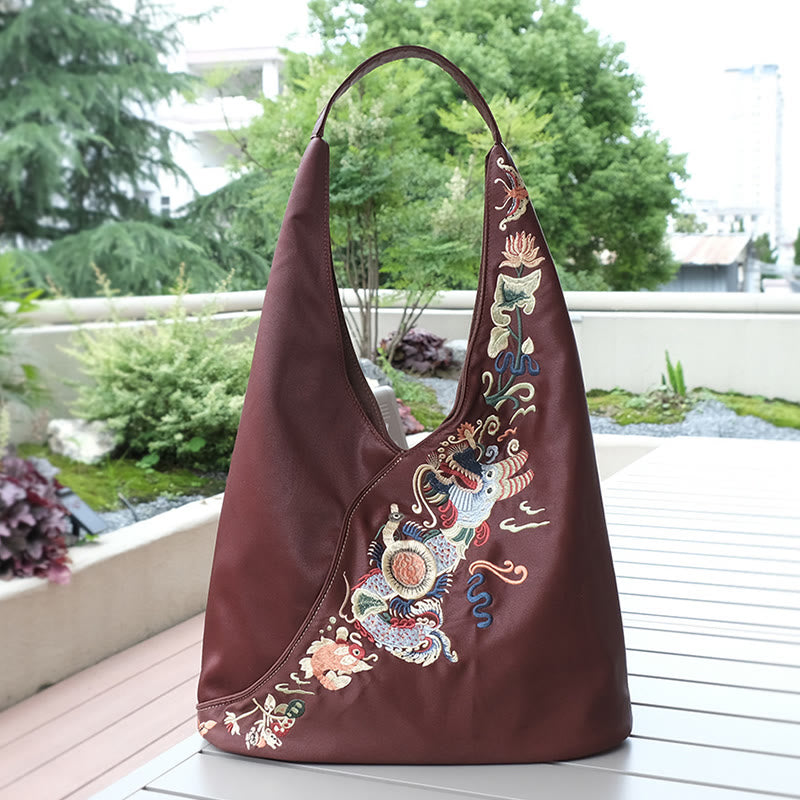 Buddha Stones Fish Flower Phoenix Embroidery Xiangyunsha Silk Shoulder Bag - SaddleBrown Fish Flower Embroidery 53*14*36cm - image 18