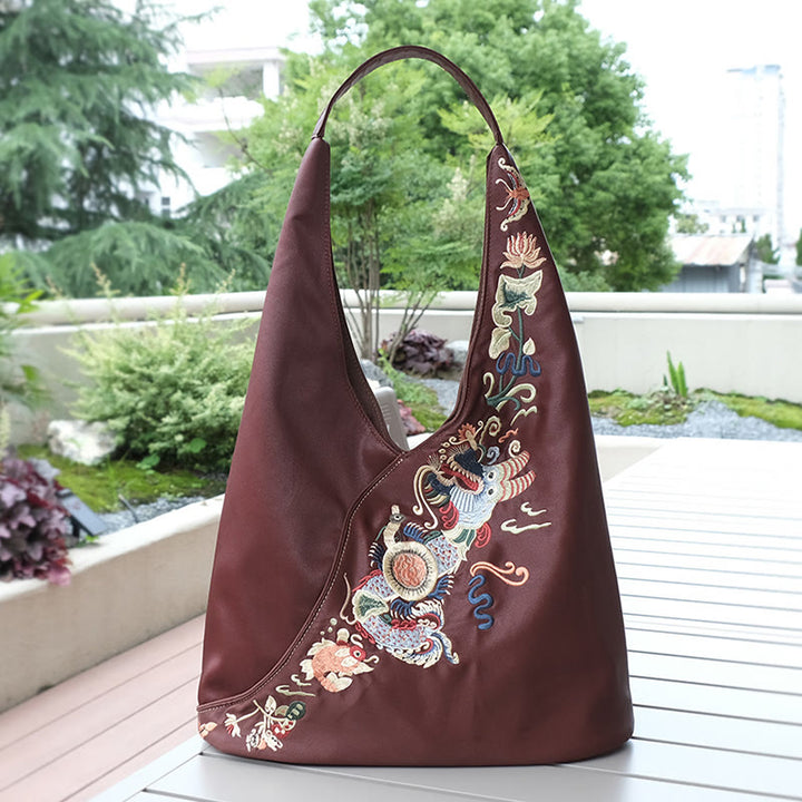 Buddha Stones Fish Flower Phoenix Embroidery Xiangyunsha Silk Shoulder Bag - SaddleBrown Fish Flower Embroidery 53*14*36cm - image 18