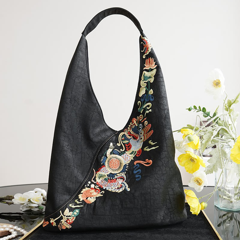 Buddha Stones Fish Flower Phoenix Embroidery Xiangyunsha Silk Shoulder Bag - Black Fish Flower Embroidery 53*14*36cm - image 0
