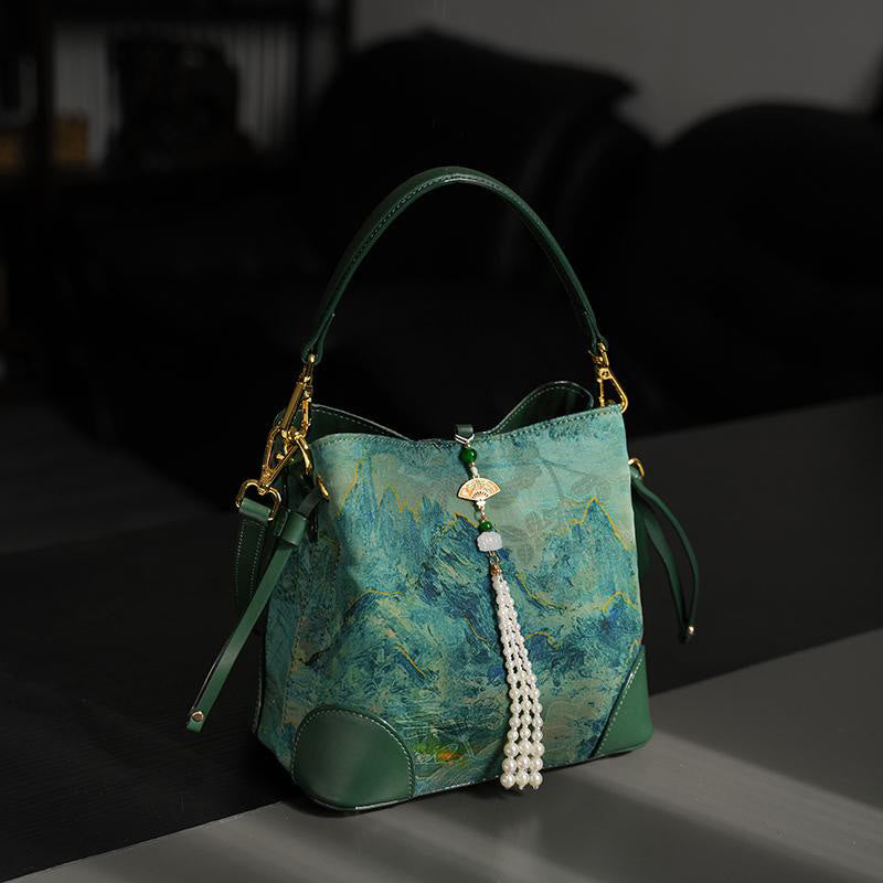 Buddha Stones Handmade River Mountain Bead Pearl Tassel Xiangyunsha Silk Crossbody Bag Hangbags - MediumSeaGreen Mountain River 21*18*12cm - image 0