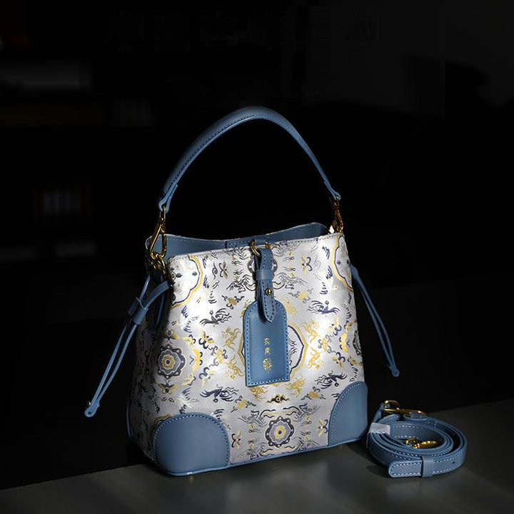 Buddha Stones Handmade Crane Deer Engraving Personalized Song Brocade Crossbody Bag Hangbags - SteelBlue Crane Deer 21*18*12cm - image 0