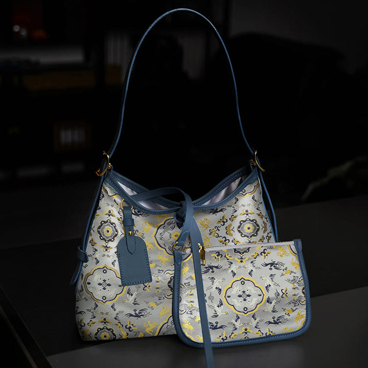 Buddha Stones Handmade Flower Crane Deer Butterfly Song Brocade Crossbody Bag Hangbags - SteelBlue Crane Deer 29*23*12cm - image 6