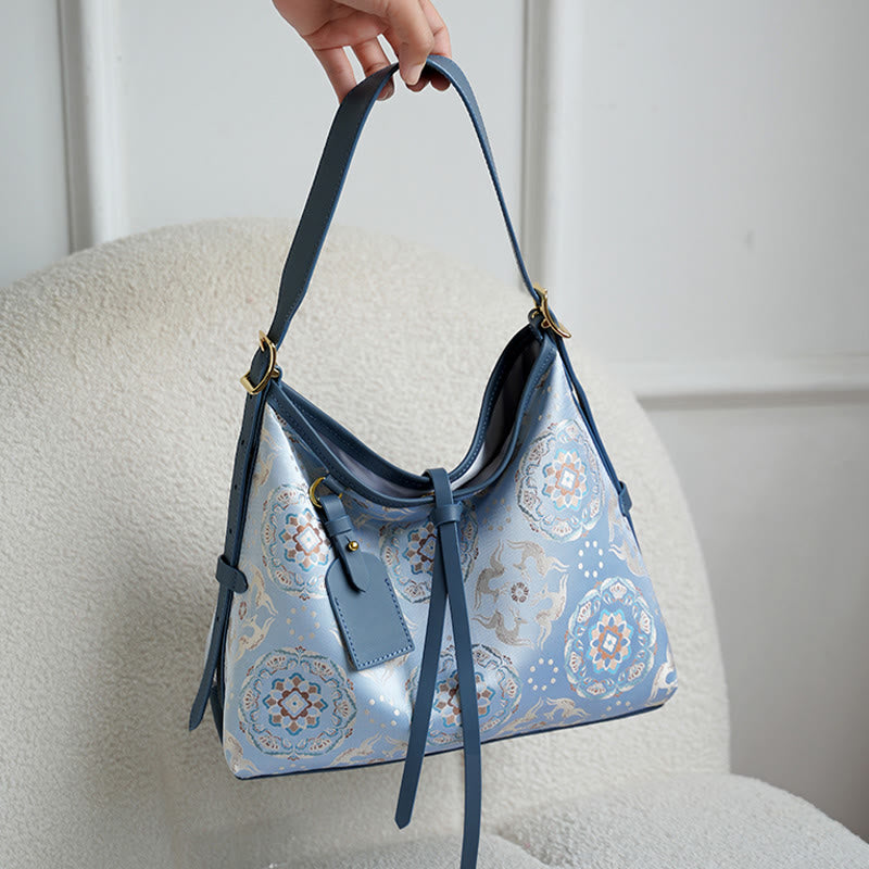 Buddha Stones Handmade Flower Crane Deer Butterfly Song Brocade Crossbody Bag Hangbags - LightSkyBlue Deer Flowers 29*23*12cm - image 0