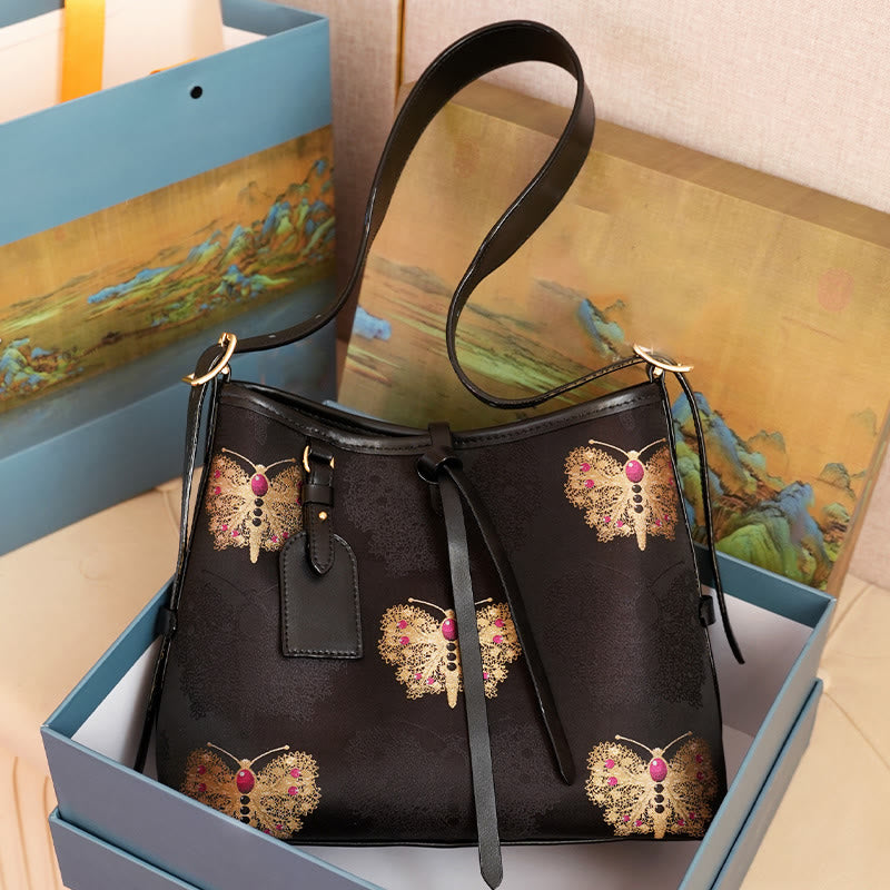 Buddha Stones Handmade Flower Crane Deer Butterfly Song Brocade Crossbody Bag Hangbags - Black Butterfly 29*23*12cm - image 5