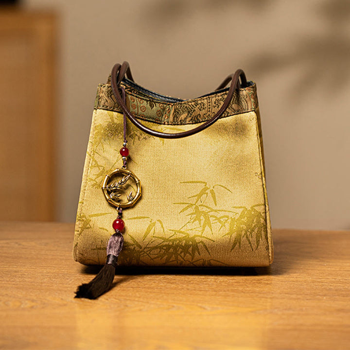 Buddha Stones Bamboo Branches Bead Pendant Tassel Xiangyunsha Silk Shoulder Bag Hangbags - Gold Bamboo 16*16*16cm - image 0