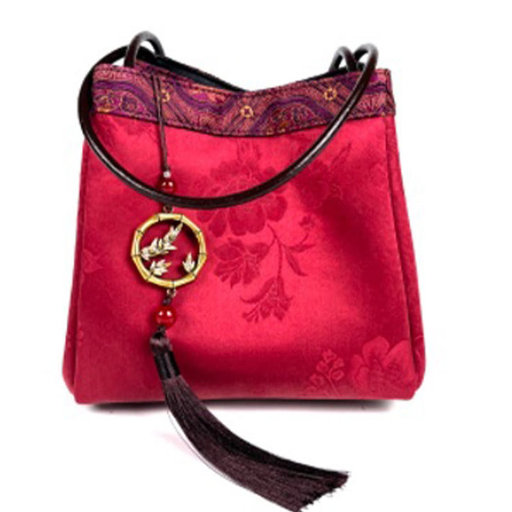 Buddha Stones Bamboo Branches Bead Pendant Tassel Xiangyunsha Silk Shoulder Bag Hangbags - Crimson Flowers Branches 16*16*16cm - image 10