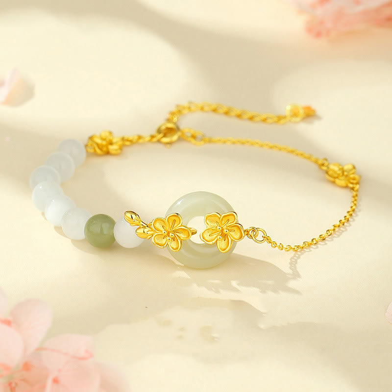 Buddha Stones Chrysoberyl Hetian Jade 999 Sterling Silver Love Bracelet - Chrysoberyl Hetian Jade Golden 999 Sterling Silver(Wrist Circumference: 14-19cm) - image 0