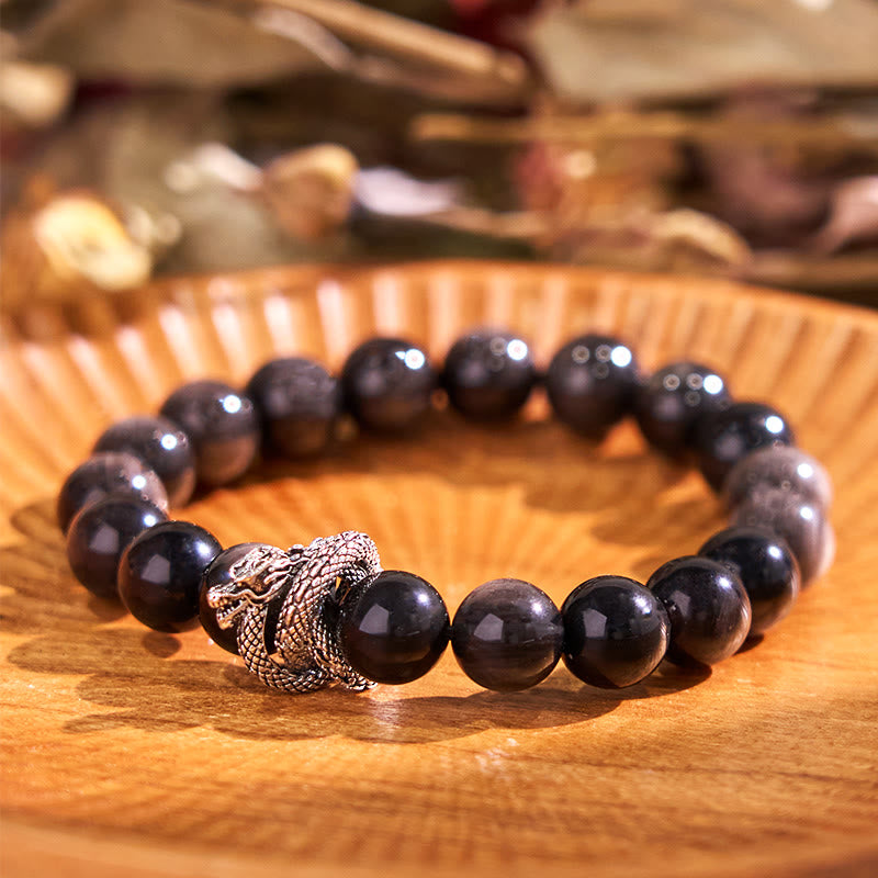Buddha Stones Silver Sheen Obsidian Dragon Protection Bracelet - image 1