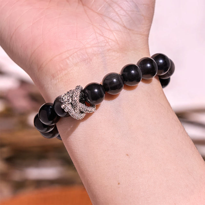 Buddha Stones Silver Sheen Obsidian Dragon Protection Bracelet - image 2
