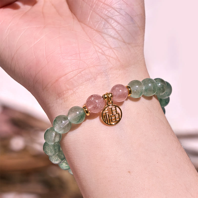 Buddha Stones Natural Green Strawberry Quartz Soothing Fu Character Bracelet - image 1