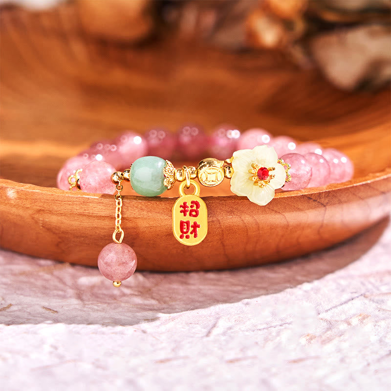 Buddha Stones Natural Strawberry Quartz Blossom Fu Character Positivity Healing Bracelet - Strawberry Quartz(Wrist Circumference: 14-17cm) - image 0