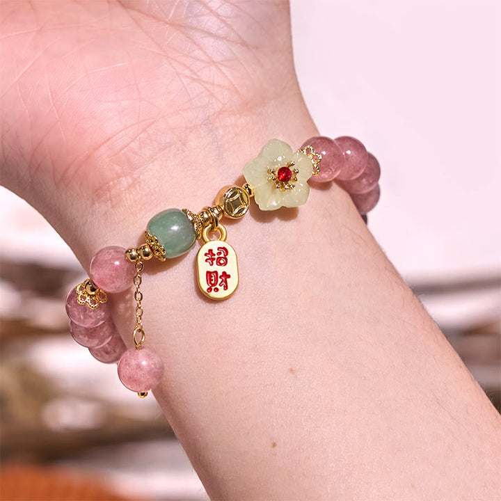 Buddha Stones Natural Strawberry Quartz Blossom Fu Character Positivity Healing Bracelet - image 2