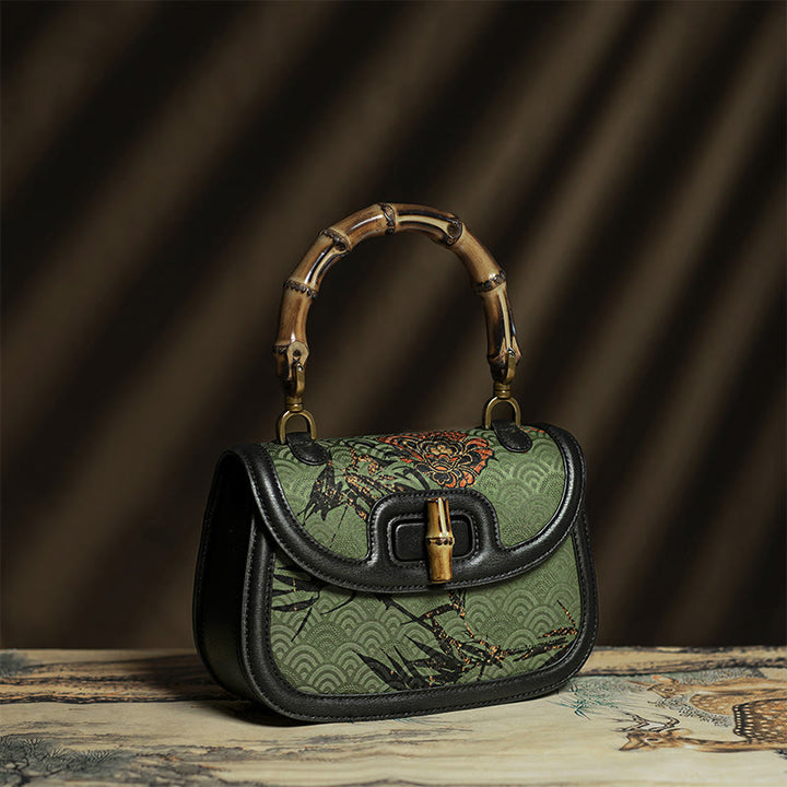 Buddha Stones Curve Flower Bamboo Handle Xiangyunsha Silk Crossbody Bag Hangbags - Black Bamboo Flower 21.5*14.5*7cm - image 0